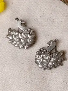 TEEJH Silver-Plated Peacock Shaped Ear Cuff Earrings