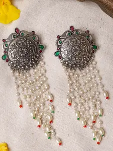 TEEJH Silver-Plated & White Contemporary Drop Earrings