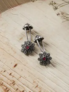 TEEJH Silver-Toned & Red Contemporary Ear Cuff Earrings