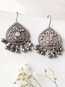 TEEJH Silver-Toned & Pink Teardrop Shaped Drop Earrings