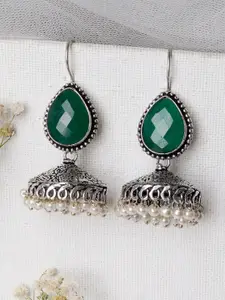 TEEJH Silver-Plated & Green Contemporary Jhumkas Earrings