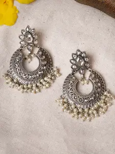 TEEJH Silver-Toned & Off White Crescent Shaped Drop Earrings