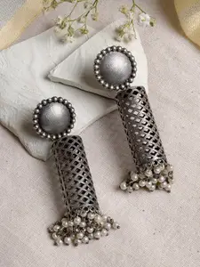 TEEJH Silver-Toned Geometric Jhumkas Earrings