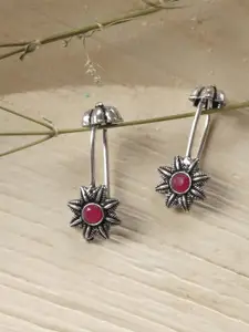 TEEJH Silver-Plated & Pink Contemporary Ear Cuff Earrings