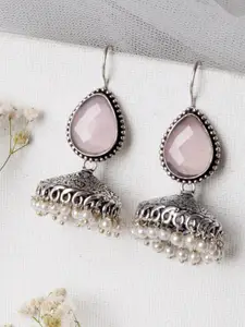 TEEJH Silver-Plated & Pink Contemporary Jhumkas Earrings
