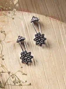 TEEJH Silver-Toned Floral Ear Cuff Earrings