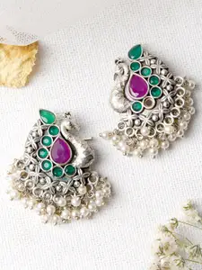 TEEJH Silver-Toned & Green Peacock Shaped Chandbalis Earrings