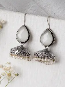 TEEJH Silver-Plated & White Contemporary Jhumkas Earrings