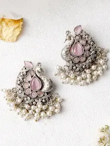 TEEJH Silver-Plated Peacock Shaped Studs Earrings