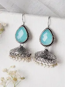 TEEJH Silver-Toned & Turquoise Blue Dome Shaped Jhumkas Earrings
