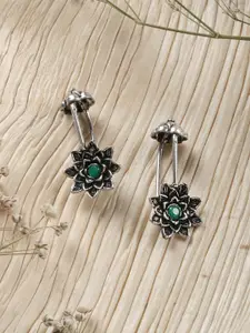 TEEJH Silver-Plated & Green Floral Drop Earrings