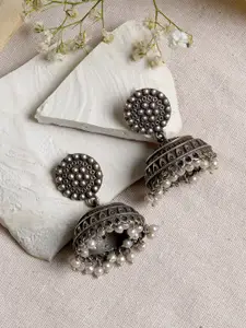 TEEJH Silver-Toned Dome Shaped Jhumkas Earrings