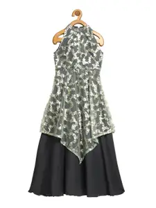 Ethnovog Girls Grey  Black Embellished Layered Ethnic Maxi Dress