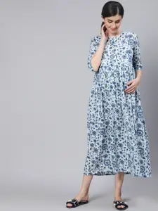 Nayo Off White & Blue Floral Printed Maternity Cotton Maxi Midi Dress