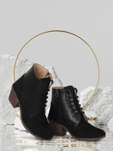 Bella Toes Black Textured High-Top Block Heeled Boots