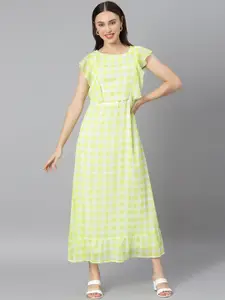 StyleStone Green & White Checked Georgette Maxi Dress