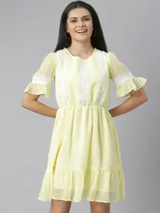 StyleStone Yellow & White Lace Insets Chiffon Dress