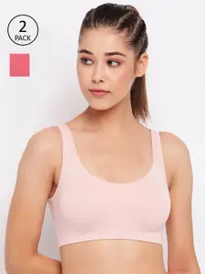 Enamor Set Of 2 Pink Non-Wired Non Padded Full Coverage Low Impact Slip on Sports Bra
