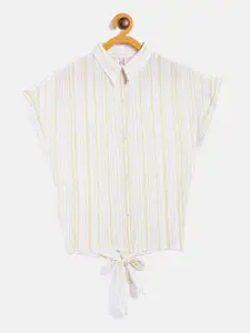 Crimsoune Club Girls Beige Opaque Striped Casual Shirt