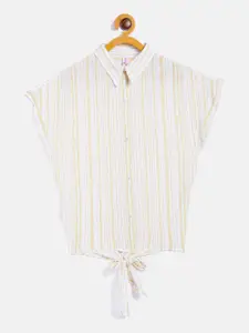 Crimsoune Club Girls White & Yellow Striped Shirt Style Top With Waist Tie-Up