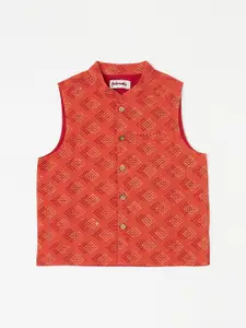 Fabindia Boys Orange & Red Printed Woven Cotton Nehru Jacket