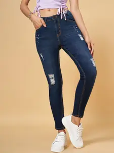 People Women Blue Slim Fit Mildly Distressed Light Fade Jeans