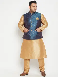 VASTRAMAY PLUS Men Gold & Blue Regular Kurta with Pyjamas & Nehru jacket