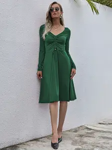 URBANIC Green Solid Velvet A-Line Dress
