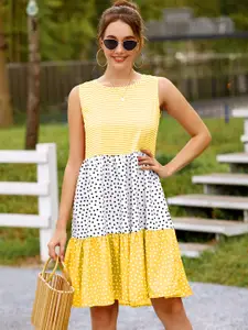URBANIC Women Yellow & White Striped Polka Dots Print Tiered A-Line Dress