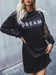 URBANIC Women Black Typogoraphy Print Drop Shoulder Sweatshirt Dress