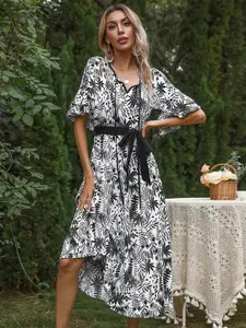 URBANIC Women White & Black Tropical Print A-Line Dress