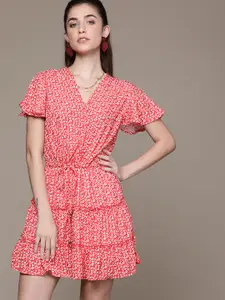 URBANIC Red & White Floral Print Tiered Wrap Dress