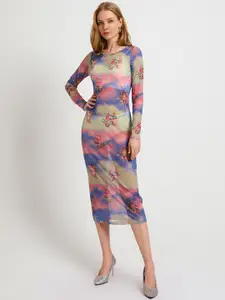 URBANIC Mint Green & Pink Dyed & Conversational Print Net Sheer Slim-Fit Sheath Midi Dress