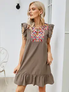 URBANIC Charcoal Grey Ethnic Motifs Embroidered A-Line Dress