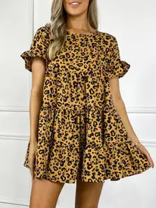 URBANIC Mustard Yellow & Black Animal Print Relaxed Fit Tiered Mini Fit & Flare Dress