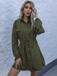 URBANIC Olive Solid Shirt Dress With Puff Sleeves