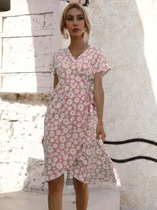 URBANIC Pink & White Floral Print Wrap Dress with Tie-Up