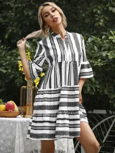 URBANIC White & Black Striped A-Line Dress
