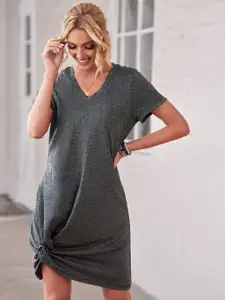 URBANIC Women Charcoal Grey Melange Effect Knot Detail T-shirt Dress