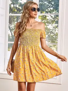 URBANIC Yellow & White Floral Printed Off-Shoulder A-Line Dress