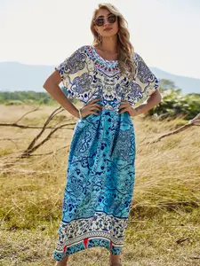 URBANIC Blue & White Ethnic Motifs Print A-Line Maxi Dress