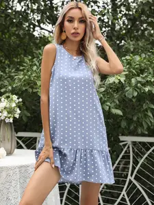 URBANIC Blue & White Polka Dot Ruffle Hem A-Line Mini Dress