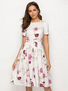 URBANIC Women White & Pink Floral Print Panelled Fit & Flare Dress
