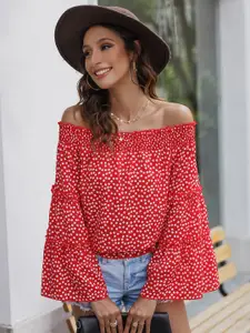 URBANIC Women Red & White Ditsy Floral Print Bardot Top with Frills