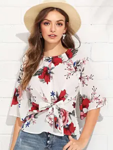 URBANIC White & Red Floral Styled Back Waist Tie-Up Top