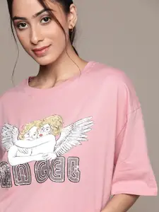 URBANIC Women Pink Printed Drop-Shoulder Sleeves T-shirt