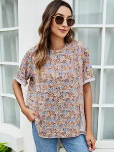 URBANIC Women Multicoloured Floral Printed Drop-Shoulder Sleeves T-shirt