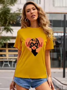 URBANIC Women Yellow Printed Drop-Shoulder Sleeves T-shirt