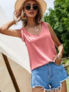 URBANIC Pink Solid Knot Detail Cotton Top