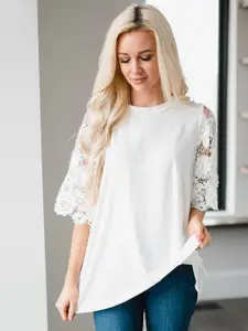 URBANIC Women White Solid Pure Cotton Regular Top with Lace Detail